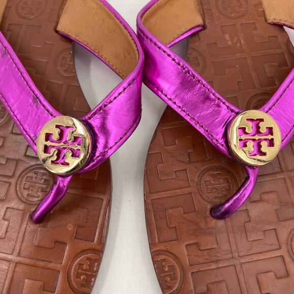 Tory Burch Thora Fuchsia Pink Leather Thong Sandals Metallic Mirror Metal Size 6 - Picture 3 of 12